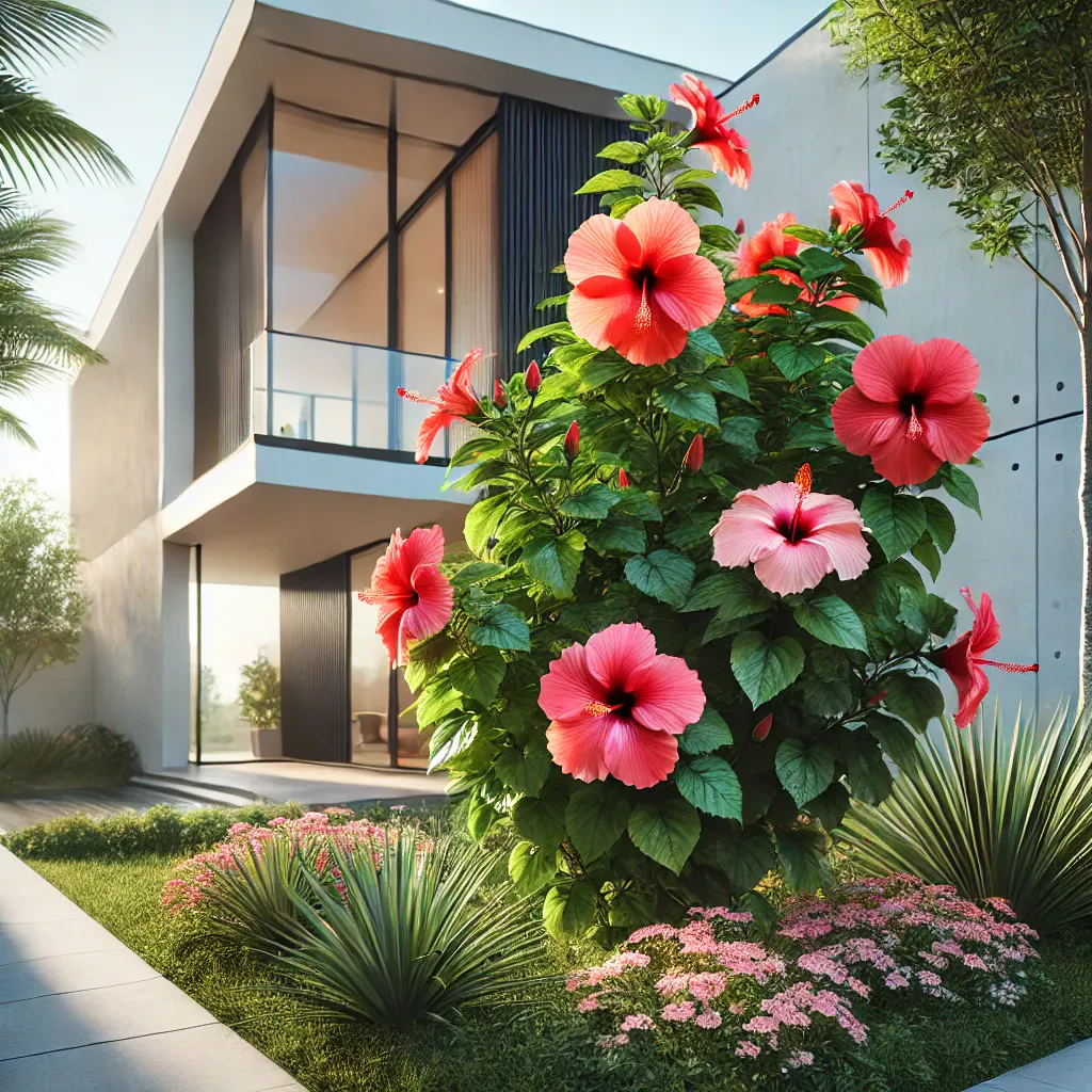 Foto av en klart blommande hibiskus, planterad nära ett modernt hus, som visar harmonin mellan växten och arkitekturen