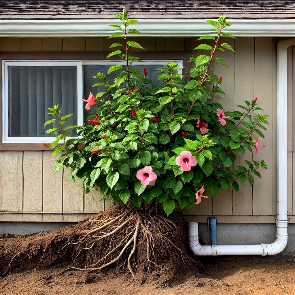 Foto av felaktig placering av hibiskus nära huset