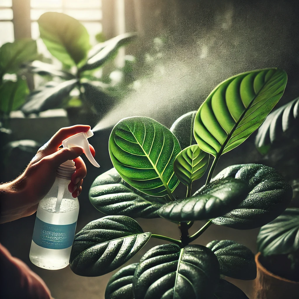 Spraying Ficus Lyrata leaves to increase humidity