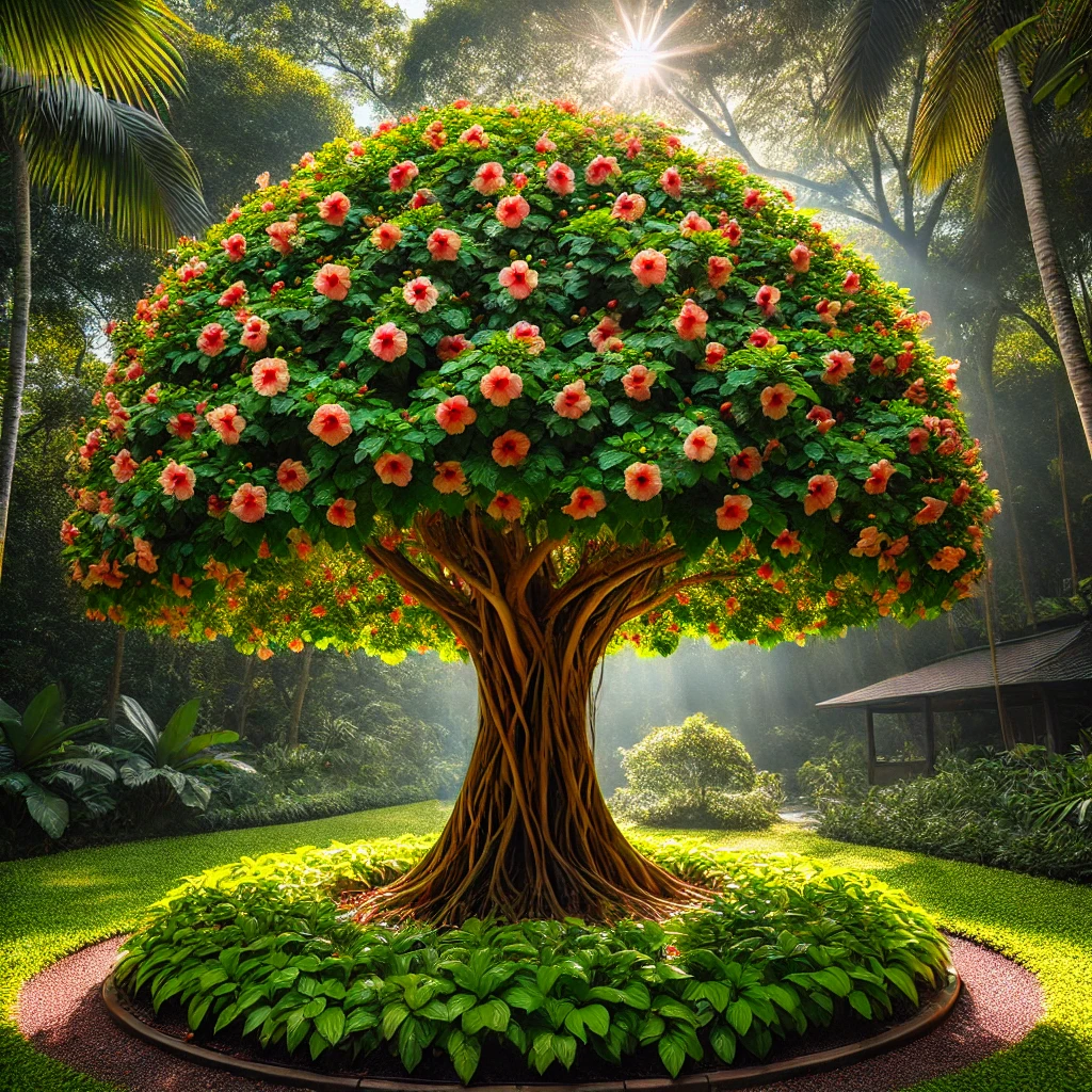 Foto de un hibisco arbóreo en el jardín con una copa extendida, que muestra su escala