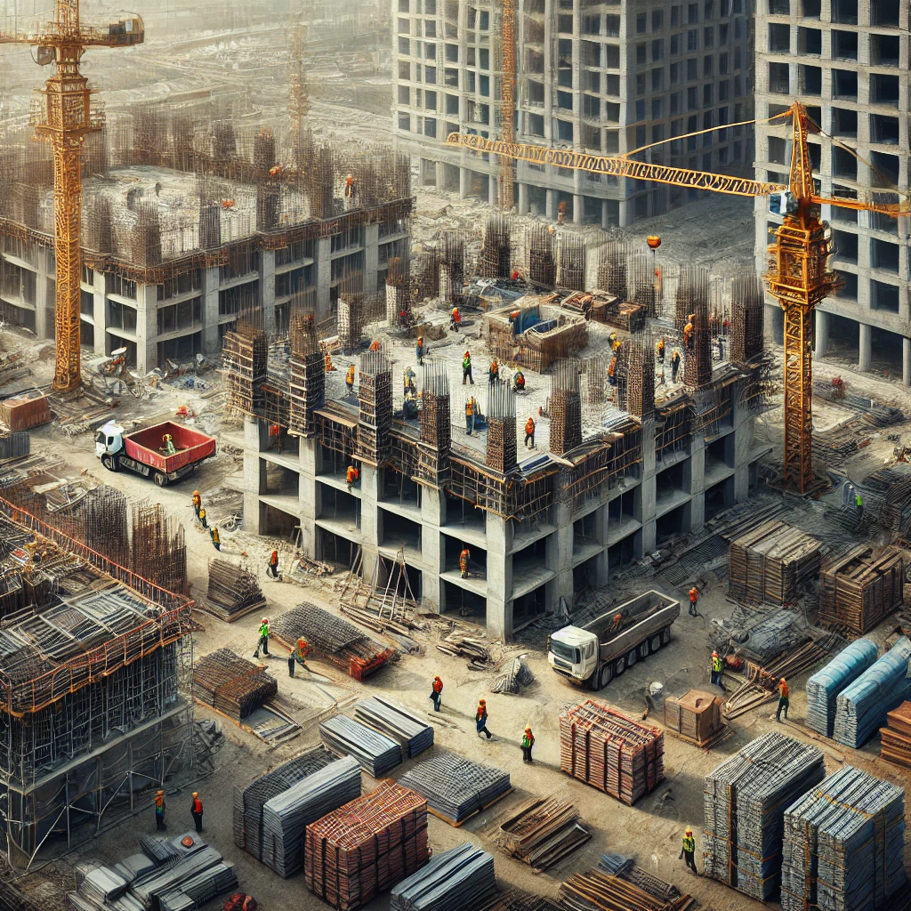 A large construction site with a partially built multi-storey building surrounded by scaffolding and cranes.