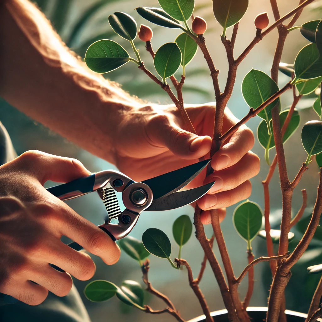 afbeelding van het snoeien van een ficus - met de nadruk op het verwijderen van beschadigde takken en de juiste snoeitechniek