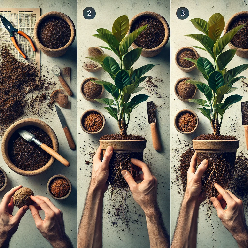 image of the ficus repotting process – with an emphasis on preparing the pot, treating the roots, and planting the plant