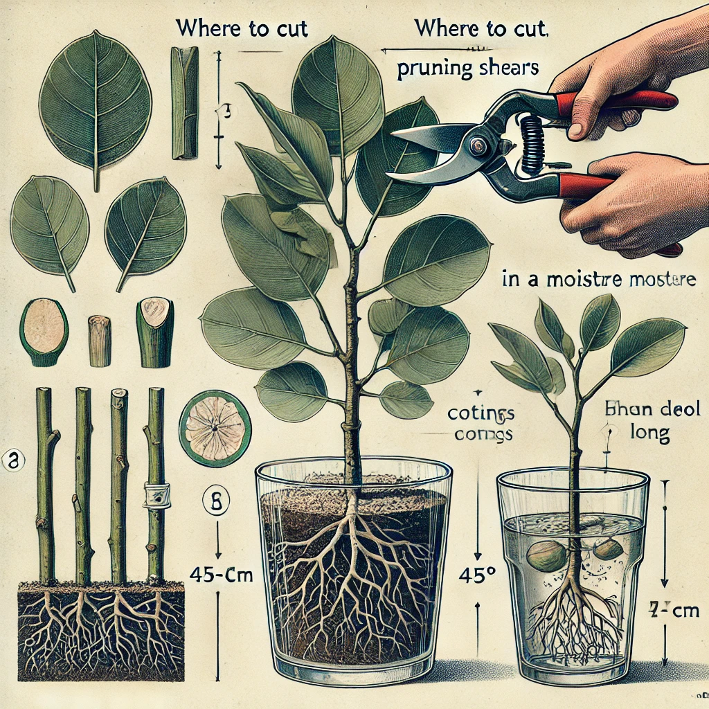 image du processus de prise de boutures du ficus – illustration de la coupe correcte des branches et de leur placement dans le substrat