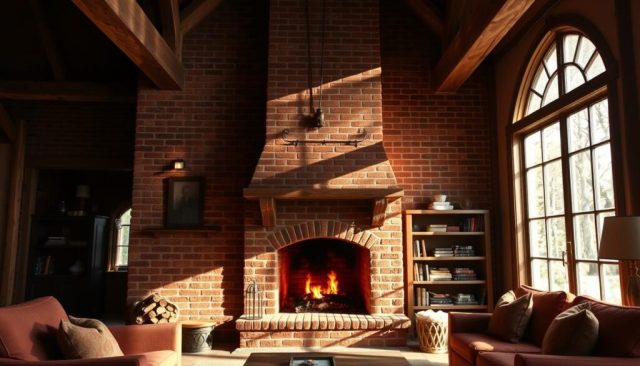 red brick fireplace