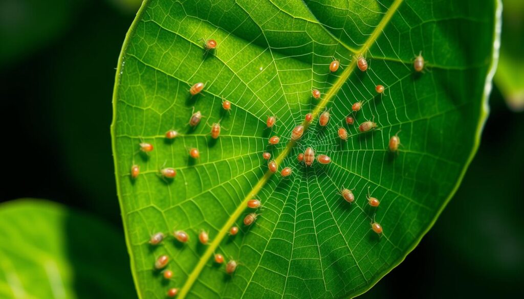 Ácaro de la araña en las hojas del ficus