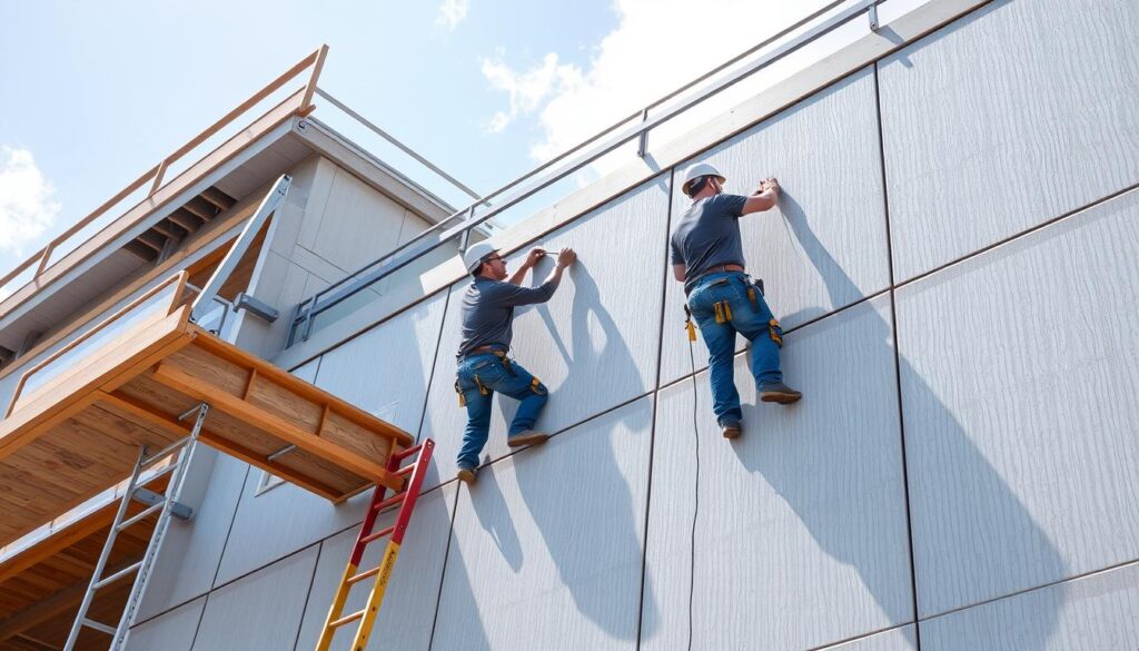 Montage von Dämmplatten an der Fassade